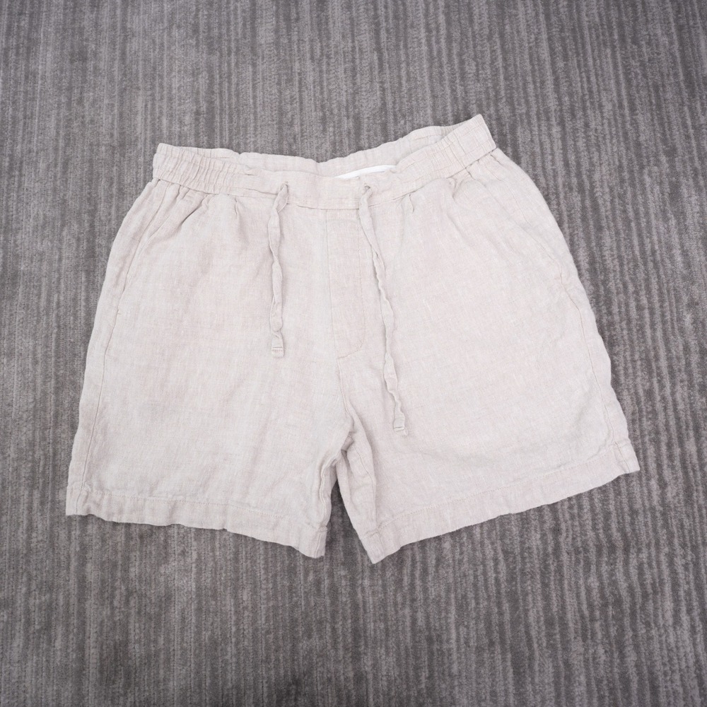 Zara Linen Shorts Mens L Beige Excellent Drawstring Elastic Waist Casual 100%